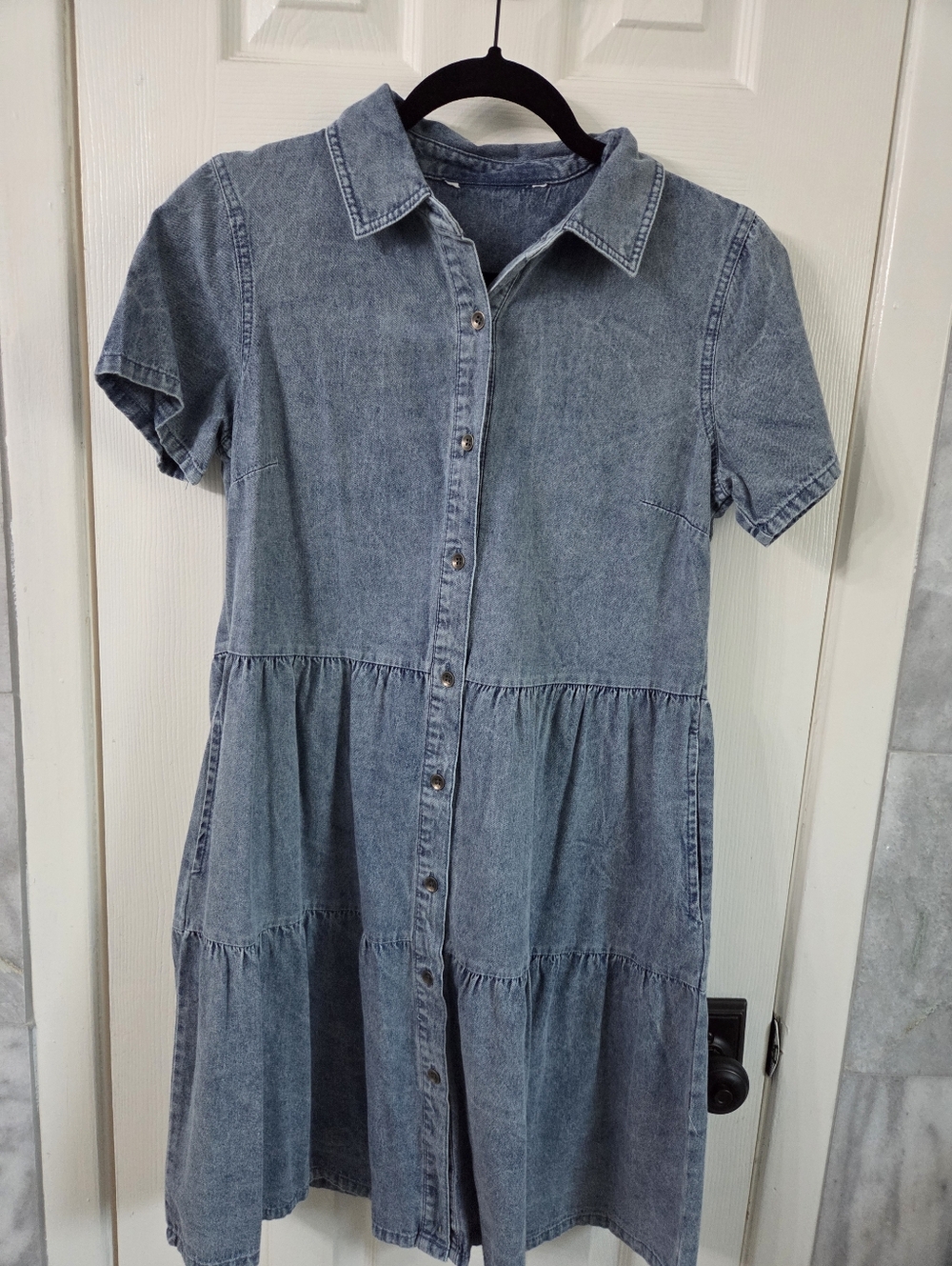 Denim Button-Front Tiered Shirt Dress - Light Blue
